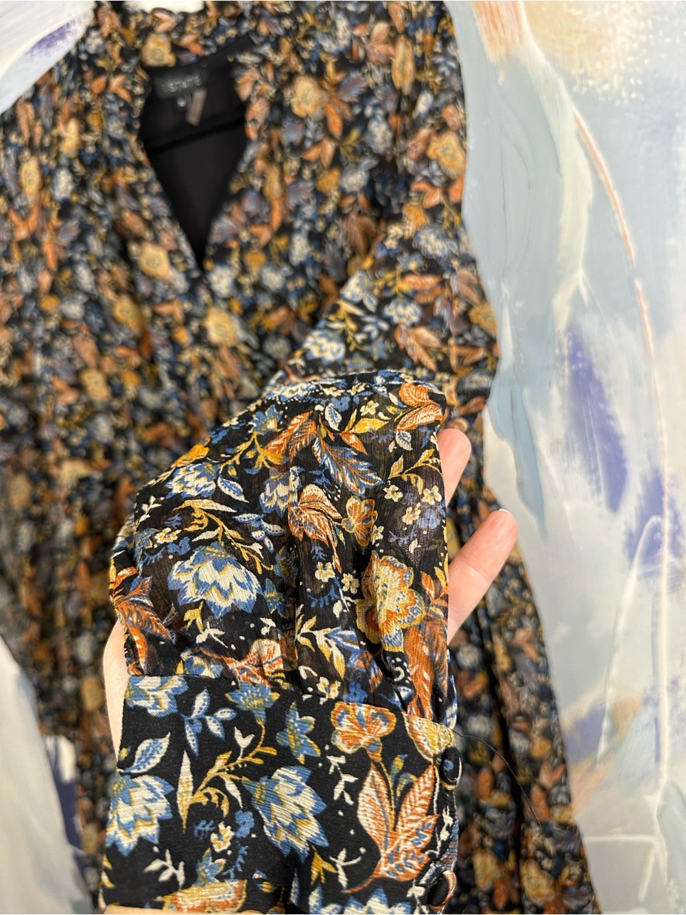 1.STATE Floral Tiered Maxi Dress M Ruffle Collar V Neck Long Sleeve Boho - Picture 3 of 11